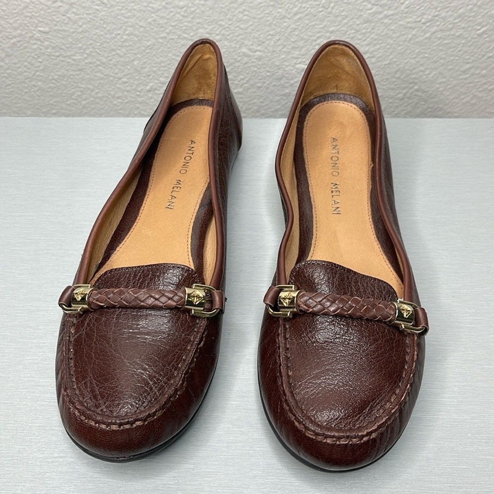 ANTONIO MELANI Brown Leather Braided Bit Loafers
